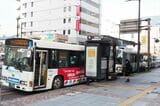 停留所に3台連なったバス。路線バスの本数は非常に多い（記者撮影）